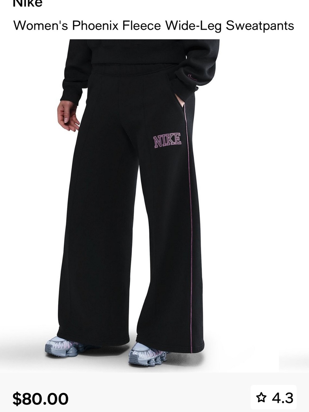 Nike Women's Wide-Leg Fleece Sweatpants in Black with Pink Trim